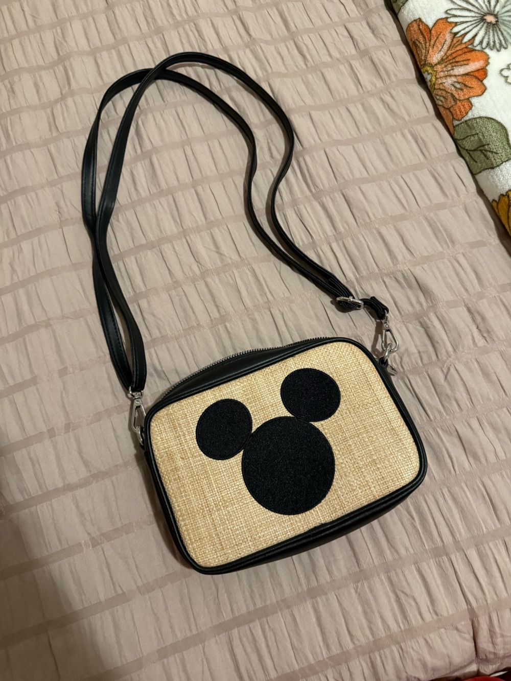 Black and Natural Crossbody Bag with Iconic Mouse Silhouette
